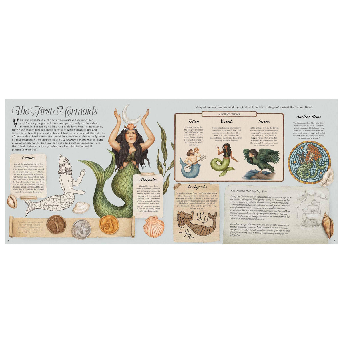 Illustrated book spread about mermaid history featuring Atargatis, Triton, and Sirens with vintage-style drawings.