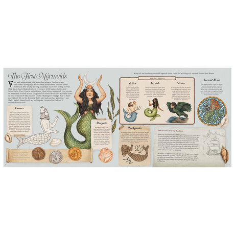 Illustrated book spread about mermaid history featuring Atargatis, Triton, and Sirens with vintage-style drawings.