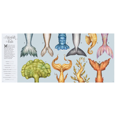 Scientific illustration of ten diverse merfolk tails with various shapes, colors, and textures on a light blue background.