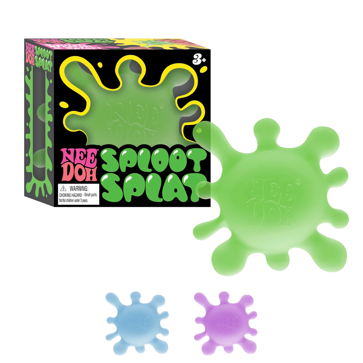 Packaging for a toy called "Nee Doh Sploot Splat" featuring green, blue, and purple splat-shaped objects. Box has playful, vibrant design.