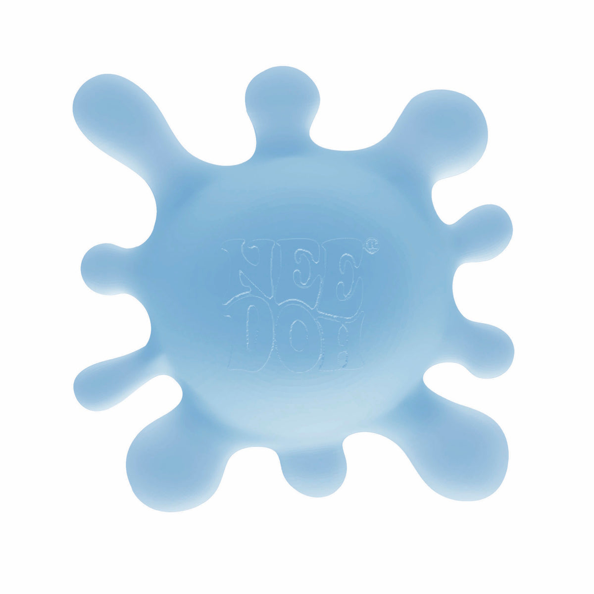 A light blue, splatter-shaped stress ball with rounded extensions, featuring the embossed text "NEE DOH" in the center. The tone is playful and fun.