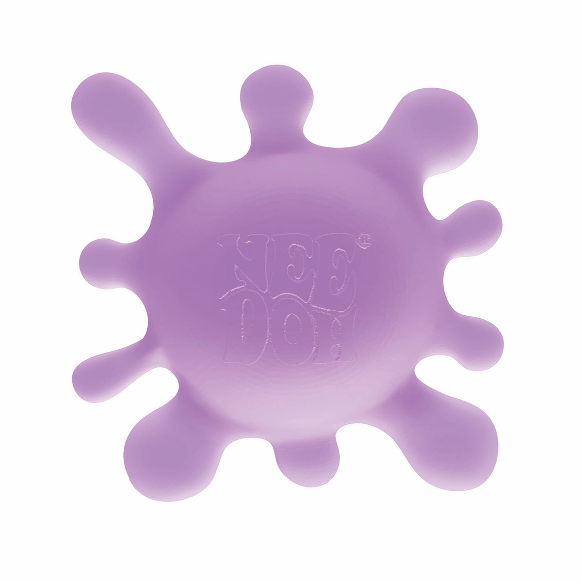 Purple, splat-shaped stress ball with rounded extensions, labeled "NEE DOH" in the center. Smooth texture conveys a playful, calming feel.