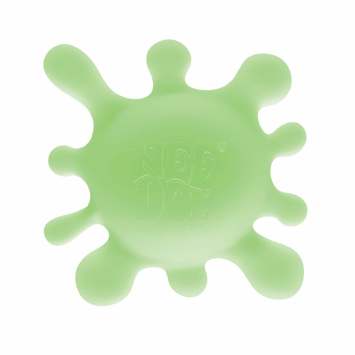 A light green, splat-shaped stress ball with soft, rounded edges, featuring the embossed text "NEE DOH" at its center, conveying a playful, calming vibe.