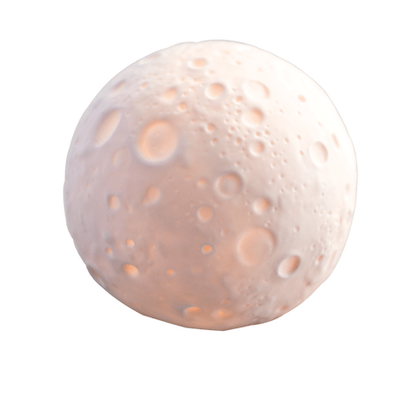 Glowing moon-shaped night light with a textured crater surface against a plain white background.