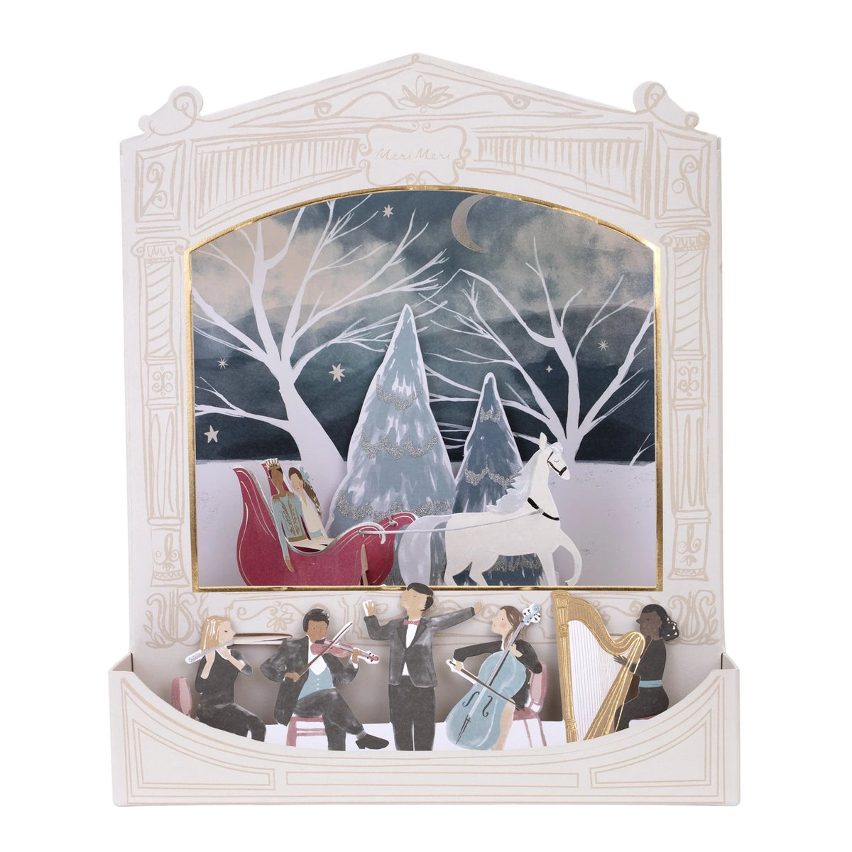 Paper theater with orchestra, displaying a sleigh pulled by a horse through snowy trees.