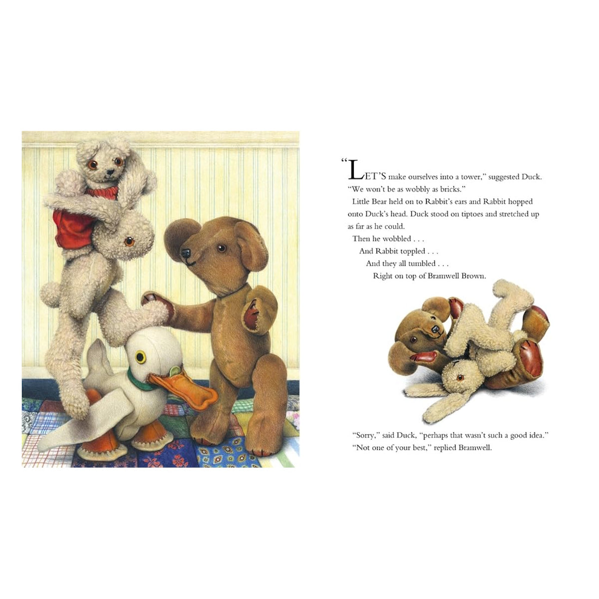 Illustrated children's book page showing toy animals trying to make a tower and tumbling over.
