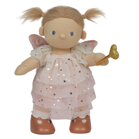 A doll with pigtails wears a pink star-patterned fairy dress, wings, and holds a gold heart wand. The doll has a cheerful expression.