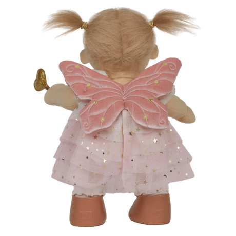 A doll with pigtails wears a pink star-patterned fairy dress, wings, and holds a gold heart wand. The doll has a cheerful expression.