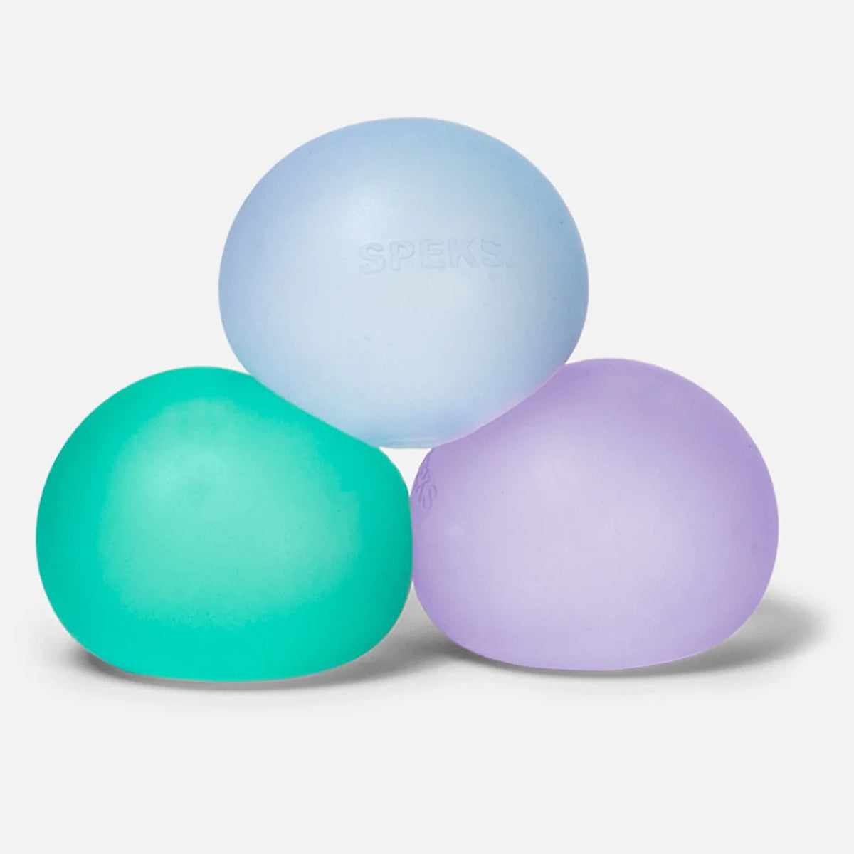 Three cool-toned round memory gel stress balls stacked in green, light blue, and purple.