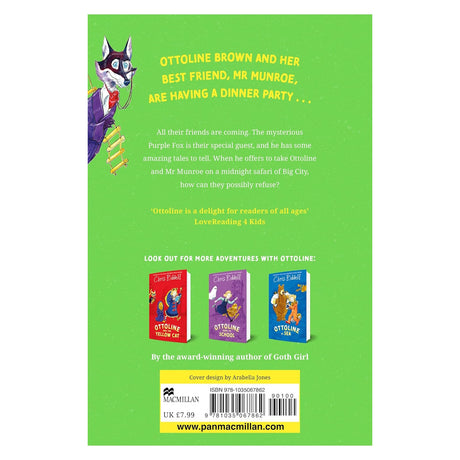 Back cover of Ottoline and the Purple Fox by Chris Riddell, featuring a green background and book blurb.