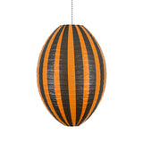 An oval-shaped paper lantern featuring vertical orange and dark brown stripes hanging against a white background.