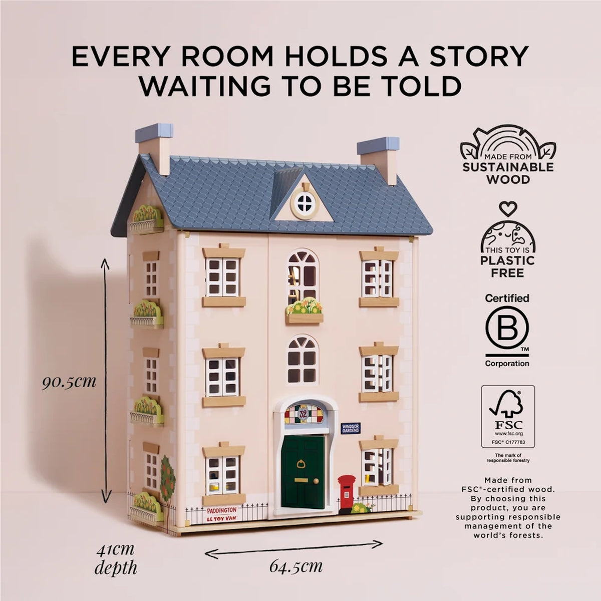 Wooden Paddington dollhouse with dimension measurements of 90.5cm height, 64.5cm width, and 41cm depth.