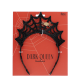 Black glitter spiderweb headband packaged on a red card labeled Dark Queen Headband.