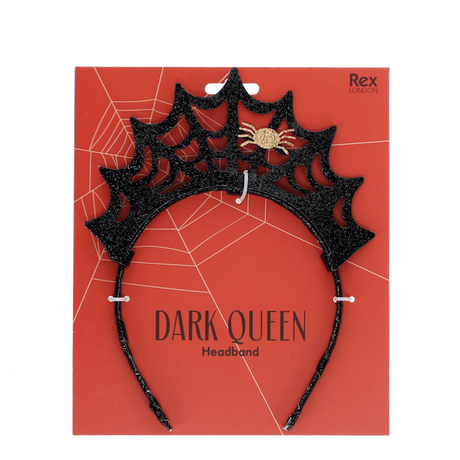 Black glitter spiderweb headband packaged on a red card labeled Dark Queen Headband.