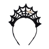Black glitter headband shaped like a crown web featuring a small gold glitter spider detail.