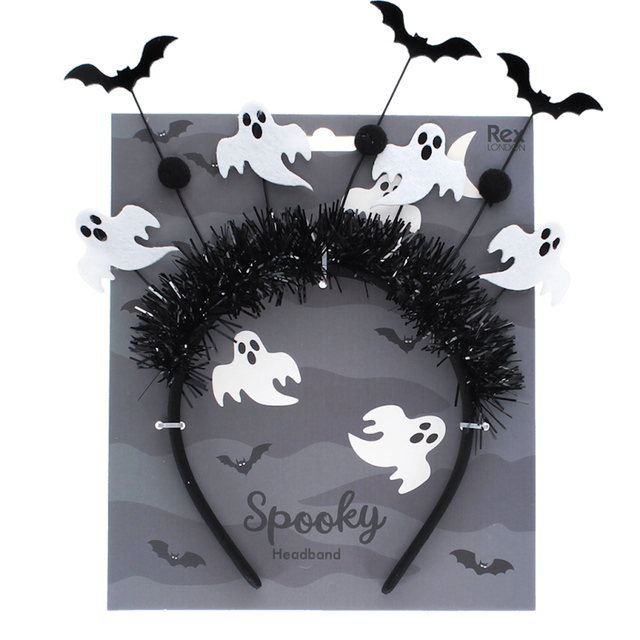 Rex London Spooky Headband with ghosts and bats, mounted on retail backing card.