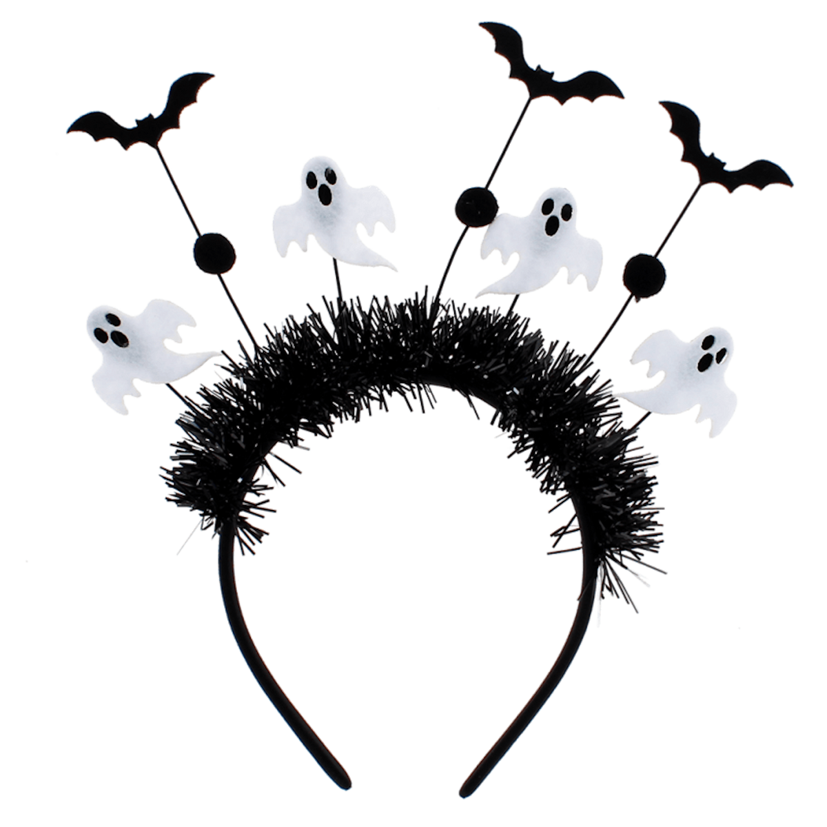 Halloween headband featuring black tinsel with white ghosts and black bats attached to boppers.
