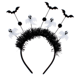 Halloween headband featuring black tinsel with white ghosts and black bats attached to boppers.
