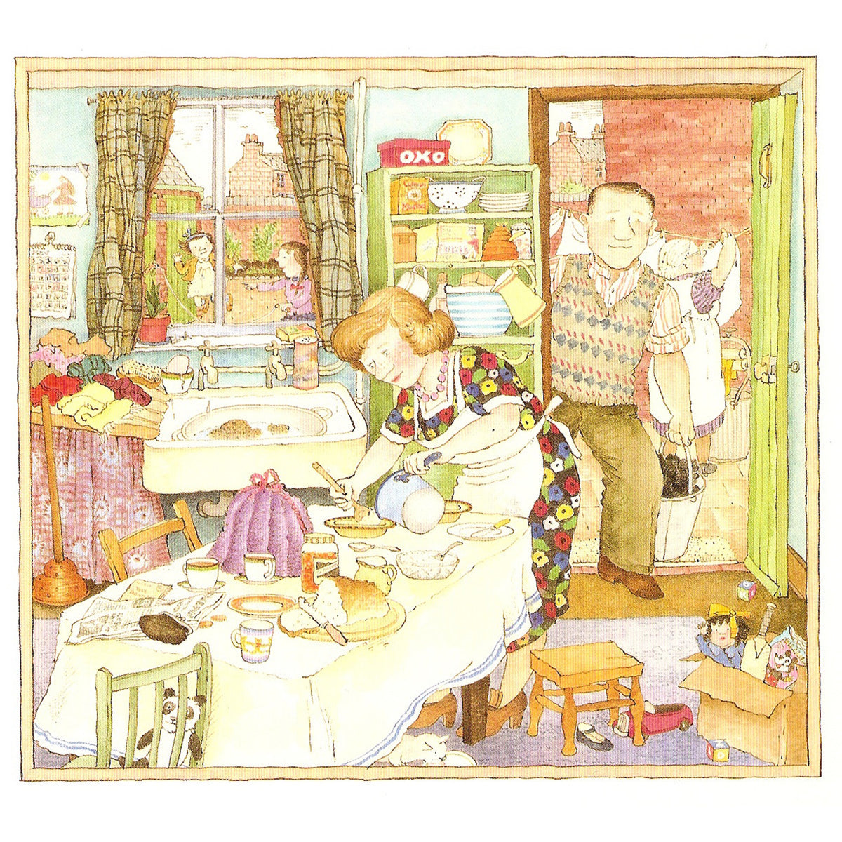 A busy kitchen scene with a woman baking at a cluttered table. A man enters through a door carrying a coal bucket. Children are visible outside and hidden under the table. The atmosphere is warm and homely.