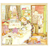 A busy kitchen scene with a woman baking at a cluttered table. A man enters through a door carrying a coal bucket. Children are visible outside and hidden under the table. The atmosphere is warm and homely.