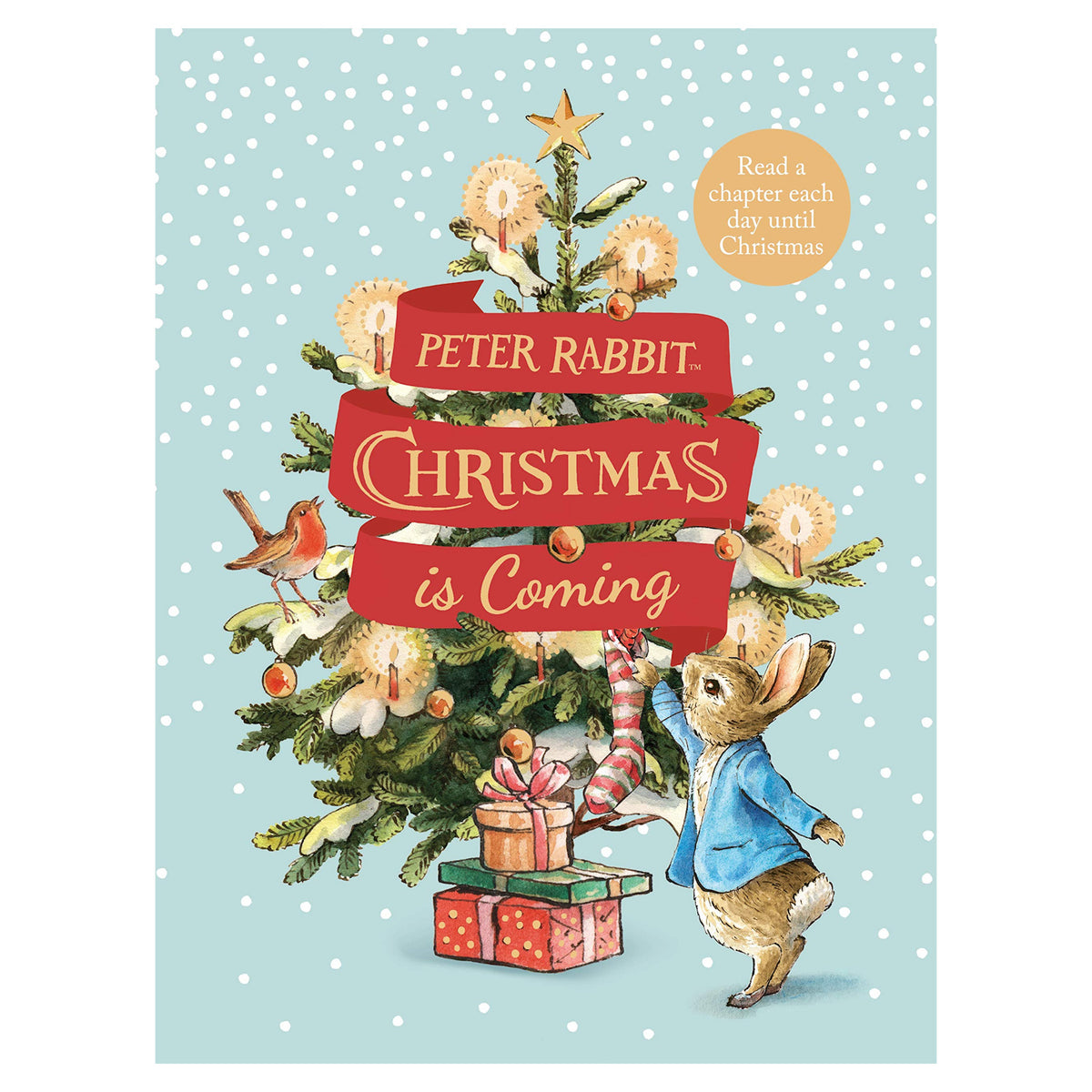 Illustrated cover features Peter Rabbit in a blue jacket, decorating a Christmas tree with gifts. Snowfall background and festive text create a joyful tone.