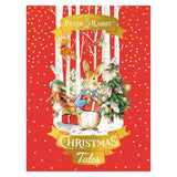 Illustrated cover of "Christmas Tales" with a rabbit holding gifts, surrounded by animals and a decorated Christmas tree. Red background with snowflakes.
