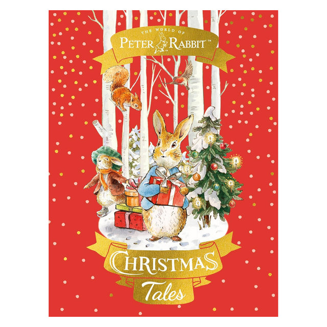 Illustrated cover of "Christmas Tales" with a rabbit holding gifts, surrounded by animals and a decorated Christmas tree. Red background with snowflakes.