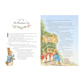 Illustrated children's story page featuring bunnies in winter attire near a "Christmas Trees Here" sign. Festive, whimsical, warm holiday scene.