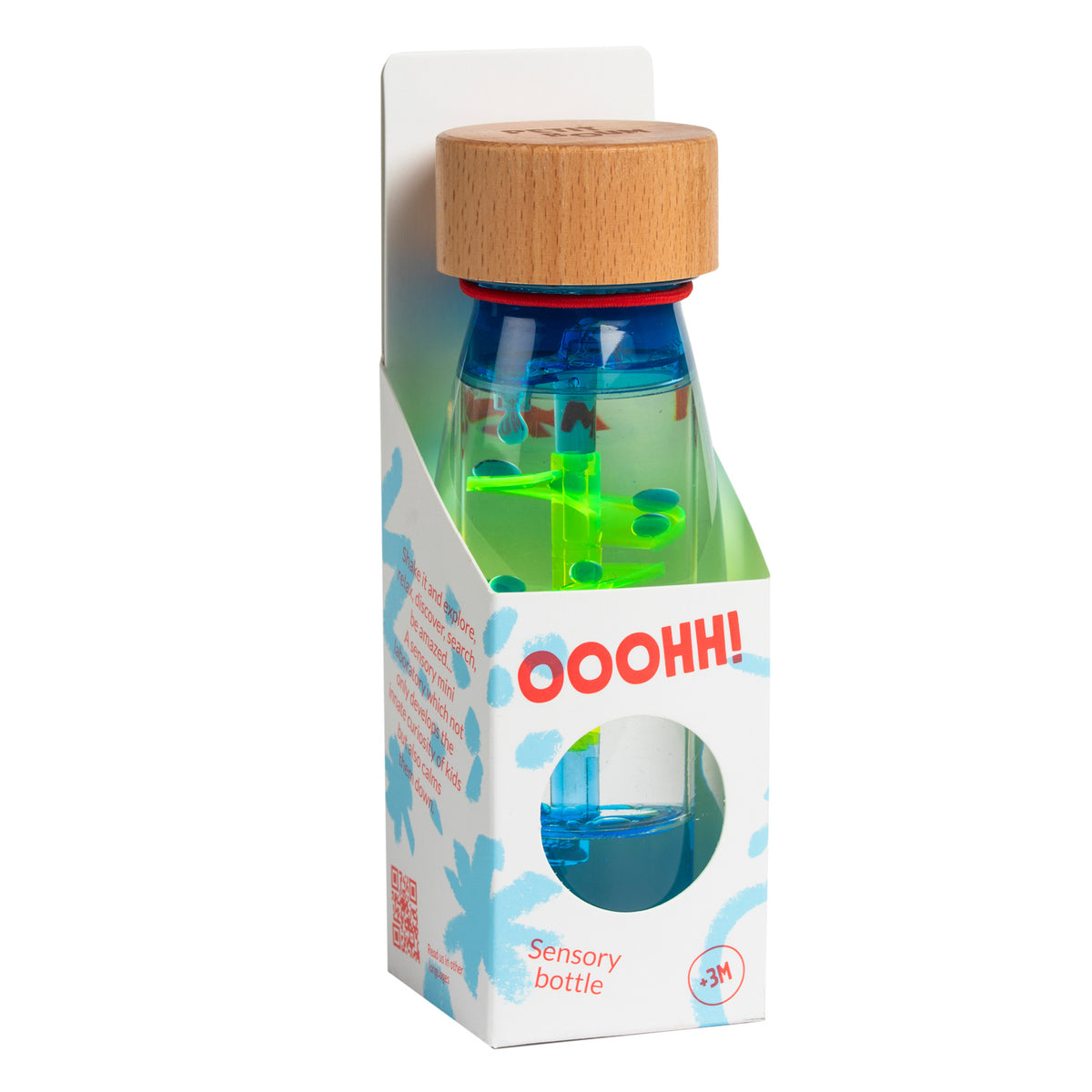 Colorful sensory bottle with blue and green liquid and floating bubbles, sealed with a wooden cap. Packaging features 'OOOHH!' text.