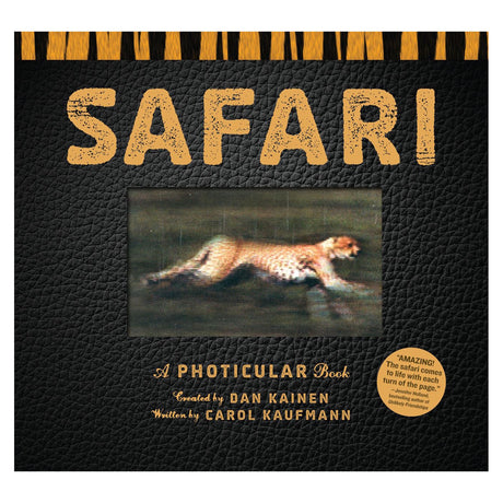 Safari Photicular book cover by Dan Kainen and Carol Kaufmann, featuring a running cheetah on a black leather-style background.