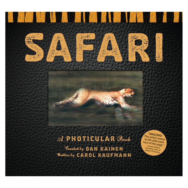 Safari Photicular book cover by Dan Kainen and Carol Kaufmann, featuring a running cheetah on a black leather-style background.