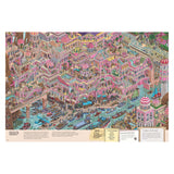 Intricate illustrated cityscape featuring pink, ornate architecture with domes and bridges. Bustling port with boats on a turquoise river evokes a lively, whimsical atmosphere.