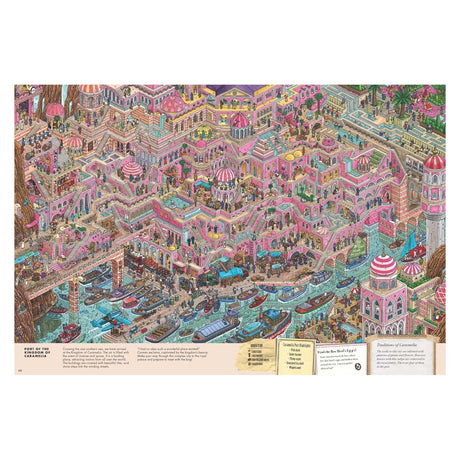 Intricate illustrated cityscape featuring pink, ornate architecture with domes and bridges. Bustling port with boats on a turquoise river evokes a lively, whimsical atmosphere.