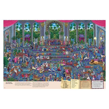 Colorful illustration of a vibrant royal court scene filled with people, animals, and lavish decor. Ornate arches and lush greenery set a festive, lively tone.