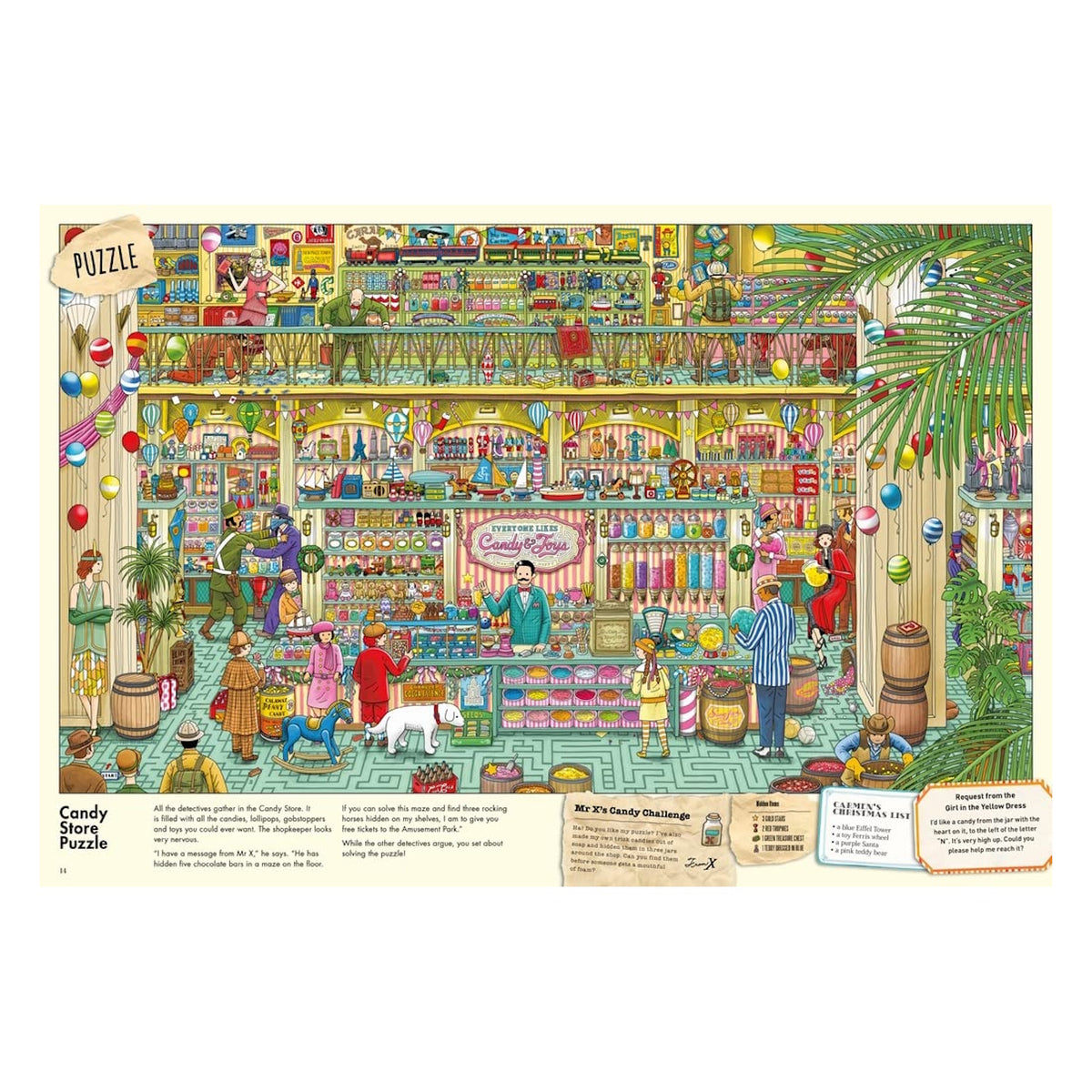 Detailed candy and toy store illustration from Pierre the Maze Detective featuring a vibrant, busy shop and hidden puzzles.