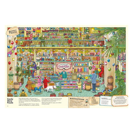 Detailed candy and toy store illustration from Pierre the Maze Detective featuring a vibrant, busy shop and hidden puzzles.
