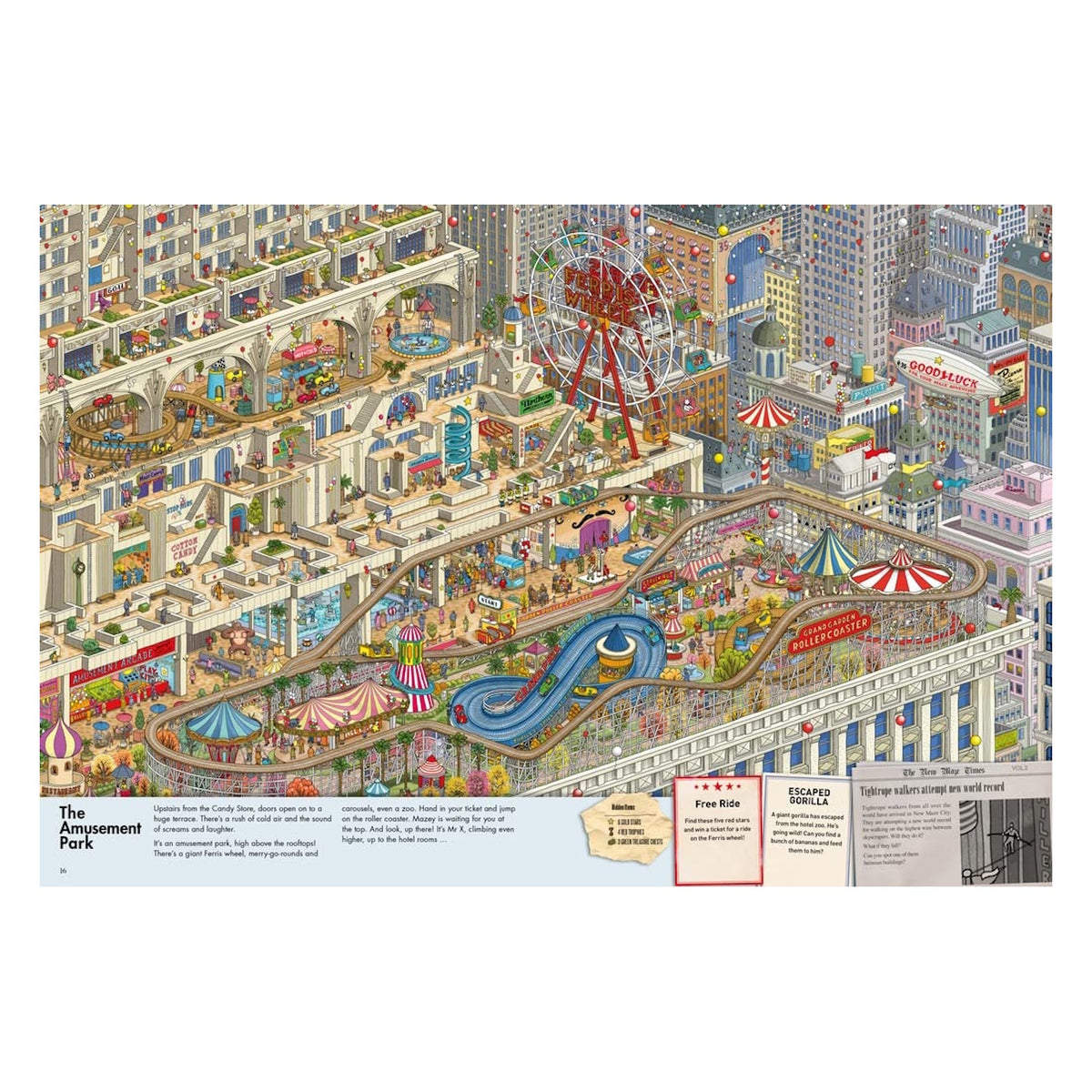 Detailed illustration of a rooftop amusement park maze with a Ferris wheel, roller coaster, and tiny people.