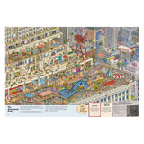 Detailed illustration of a rooftop amusement park maze with a Ferris wheel, roller coaster, and tiny people.
