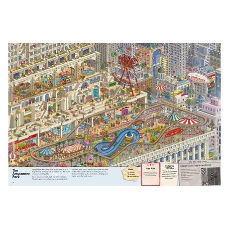 Detailed illustration of a rooftop amusement park maze with a Ferris wheel, roller coaster, and tiny people.
