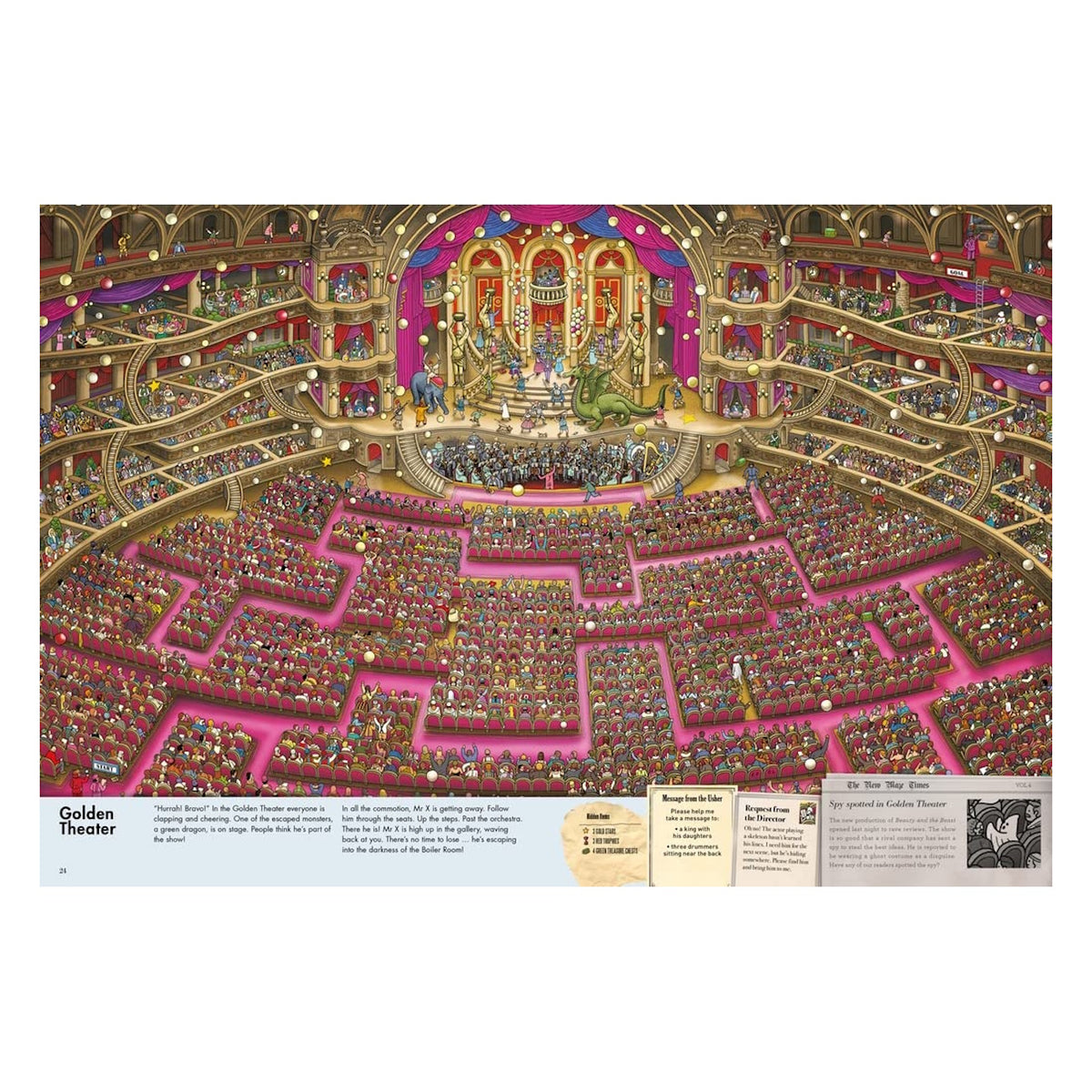Detailed illustration of a crowded ornate theater maze with a green dragon on stage and levels of seating and balconies.