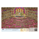 Detailed illustration of a crowded ornate theater maze with a green dragon on stage and levels of seating and balconies.