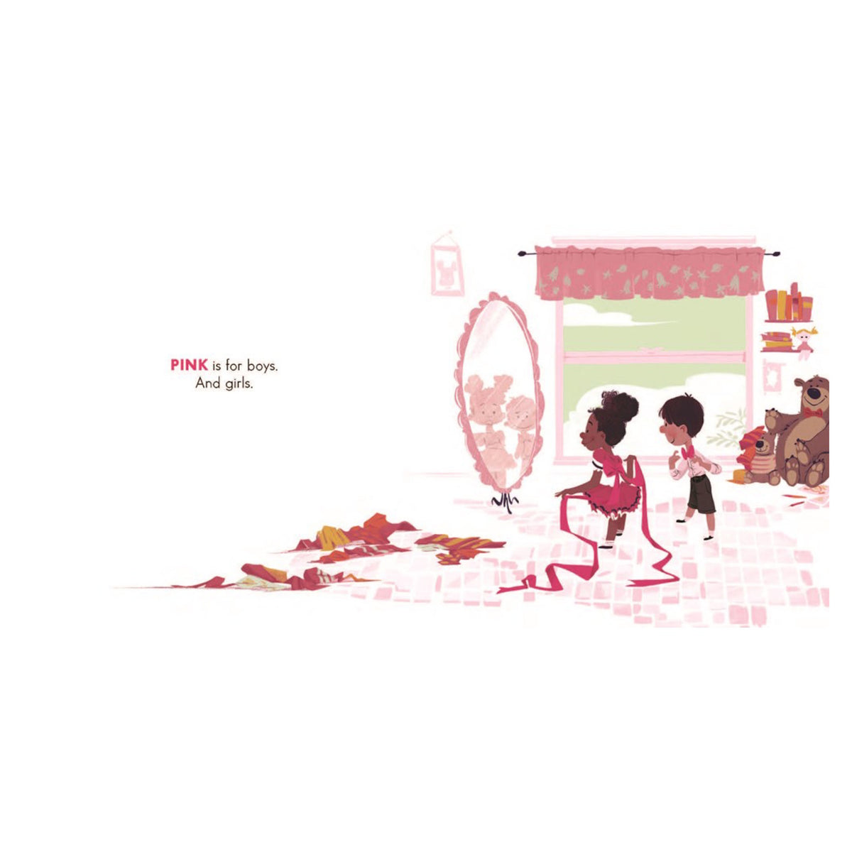 Boy and girl playing dress-up with pink ribbons and clothes. Text reads, "PINK is for boys. And girls."