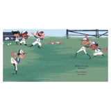 Children's book illustration of diverse boys and girls playing baseball in blue uniforms on a grassy field.