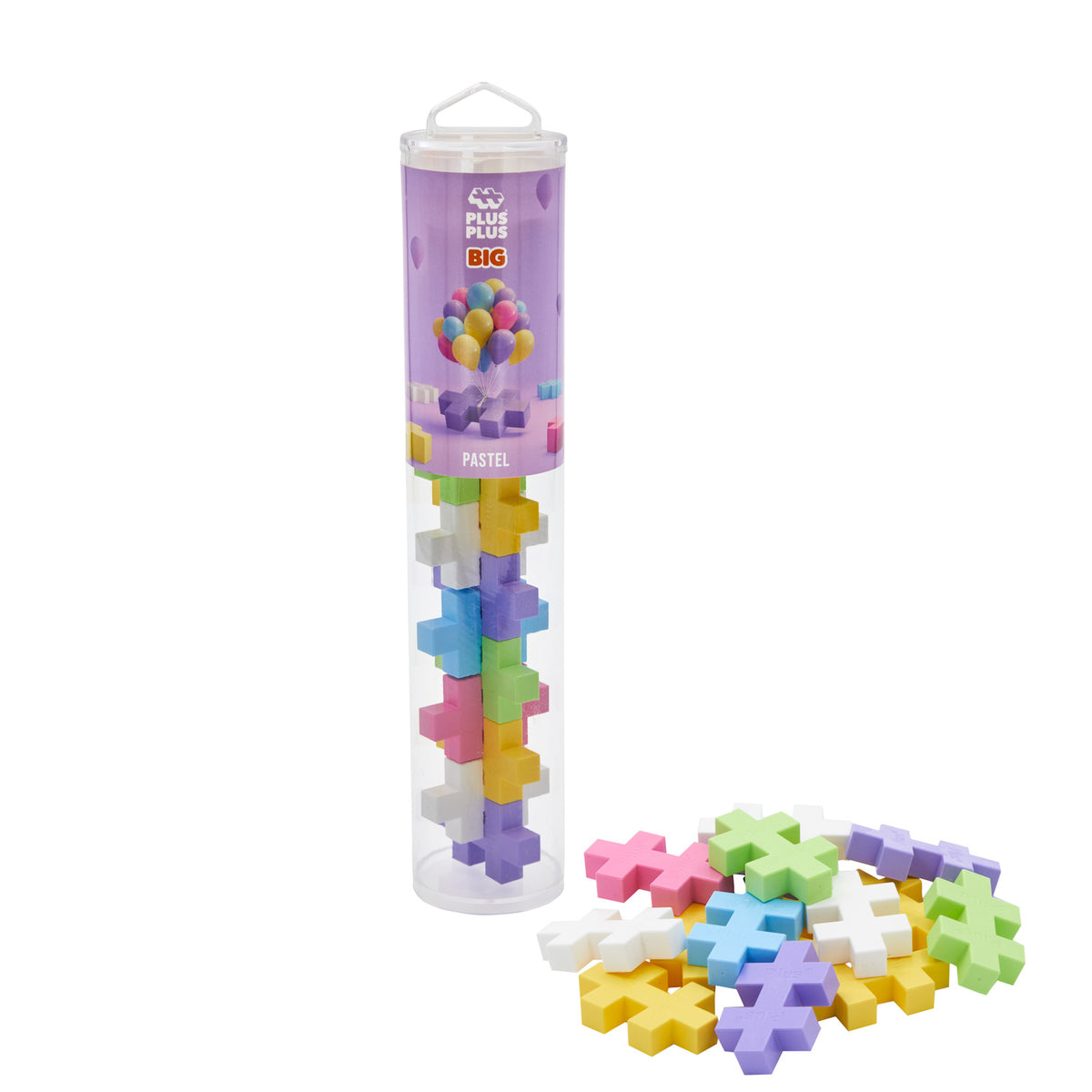 Clear tube of Plus-Plus BIG blocks in pastel colors, including pink, blue, green, yellow, and white. Some pieces are scattered outside.