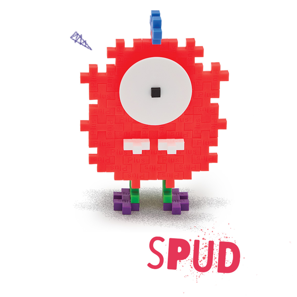 A playful creature made from Plus-Plus building pieces. It has a red pixelated body, large white eye with a black pupil, blue antenna, and green-purple feet.