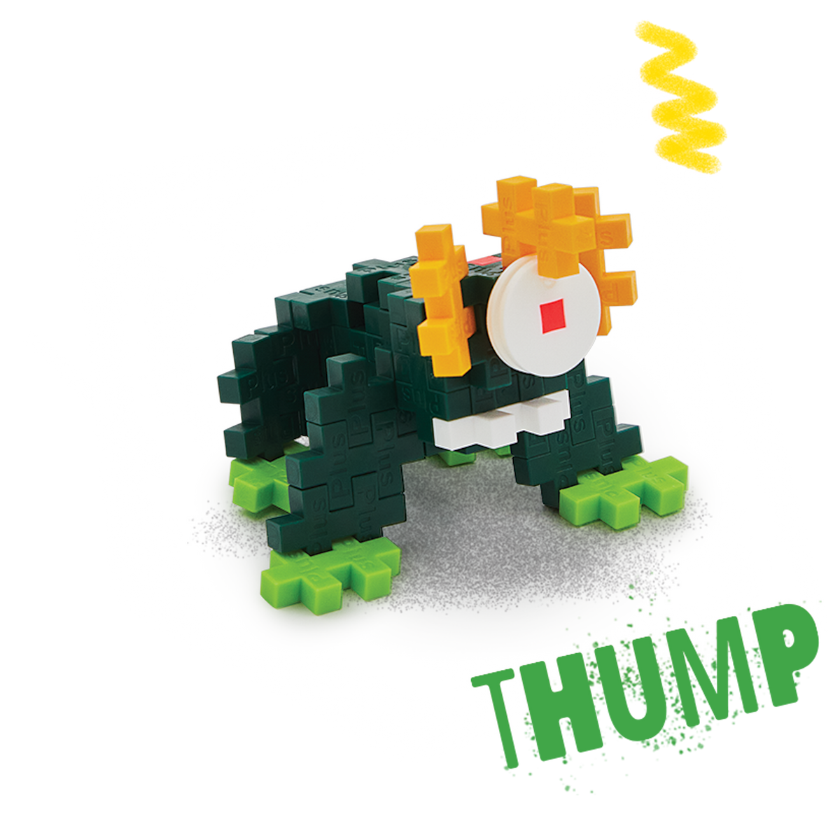 A blocky, frog-like creature made of interlocking pieces on a black background. It features dark green body, bright green feet, and yellow eyes.