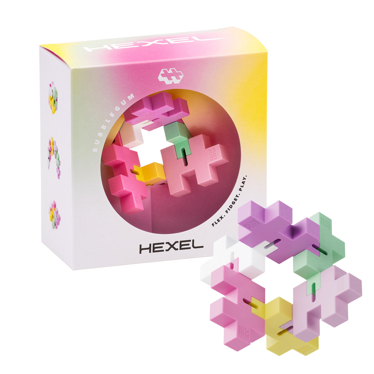 Puzzle toy "Hexel" in pastel bubblegum colors is arranged in a circular shape. The packaging has a gradient design and displays the motto "Flex. Fidget. Play."
