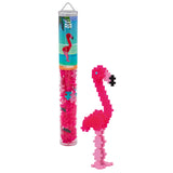 Plus-Plus Flamingo building set with 100 pink pieces, storage tube, and completed 3D flamingo model on white background.