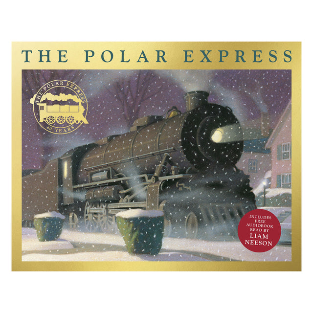 Snow falls gently on a steam train at night, with glowing headlight and plume of smoke, evoking a magical and nostalgic winter scene.