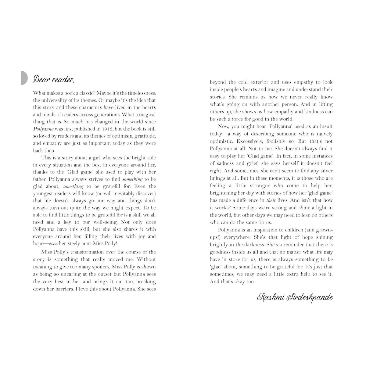 A "Dear reader" introduction page for the book Pollyanna by Rashmi Sirdeshpande, featuring elegant black serif typography.